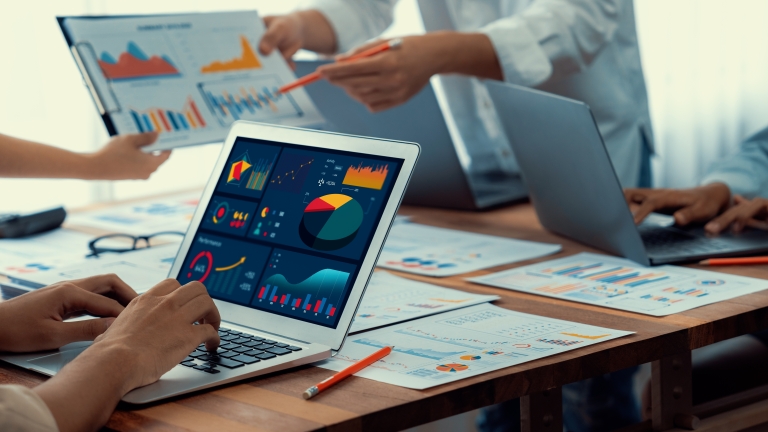 Person working at Laptop showing Data Charts